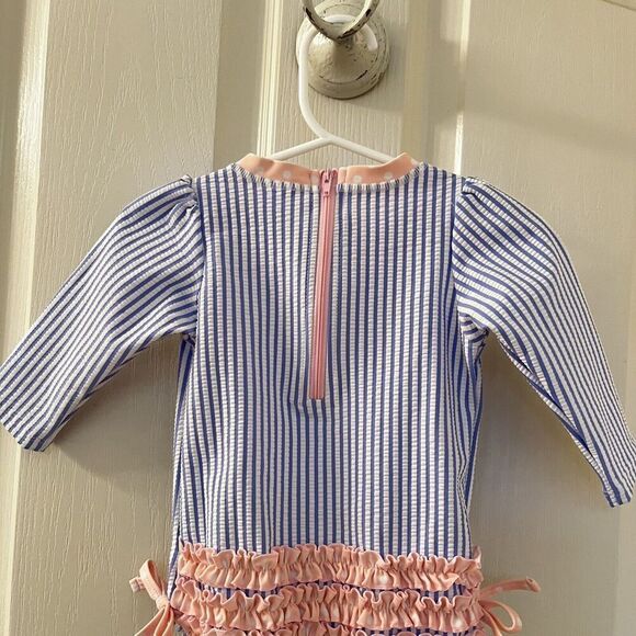 RuffleButts Seersucker One Piece Rash Guard Swimsuit Blue Pink Size 6-12 Months - Picture 11 of 15
